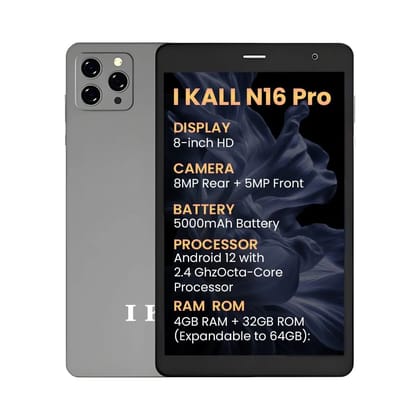 IKALL N16 Pro Smart Tablet  8 Inch HD Display, Octa Core Processor, 4GB RAM + 32GB ROM, Android 12, 4G Voice Calling, Long-Lasting 5000mAh Battery (Grey)