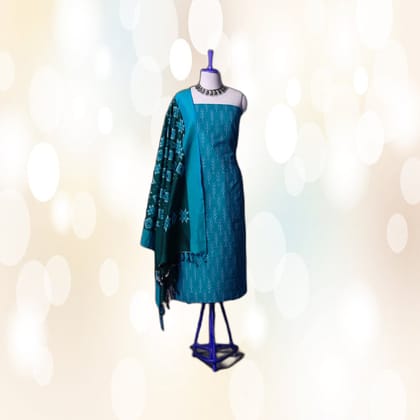 Teal Ikat Pattern Unstitched Dress Material Set | Ethnic Motif | Ethnic Casual