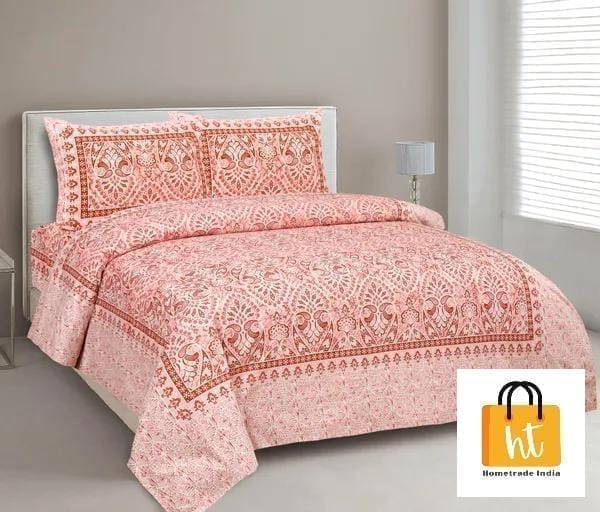 3001-Hometrade India-Standard King Size (90*108 Inches)-Pure Cotton Jaipuri Double Bedsheet With Matching Pillow Cover