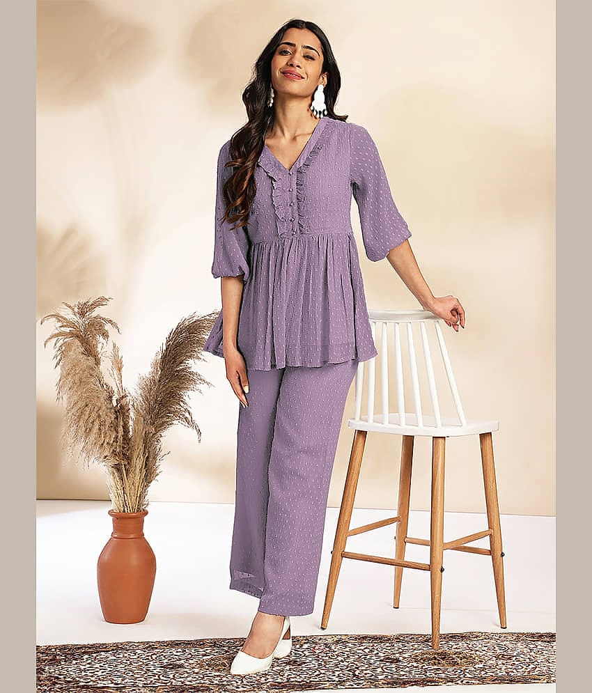Janasya Women Self Design Top With Trousers Co-Ord Set ( Lavender )