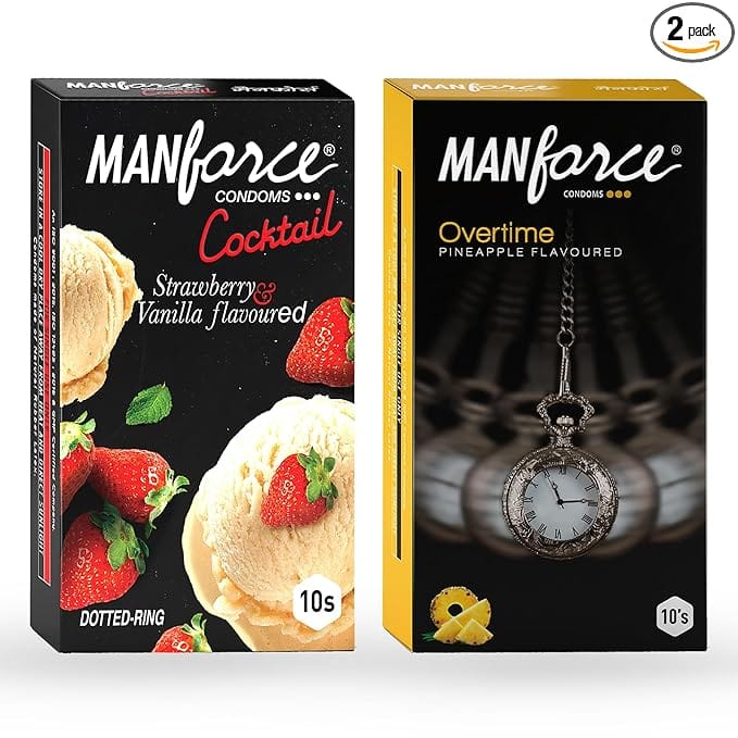 MANFORCE Cocktail Condoms with Dotted-Rings Strawberry & Vanilla Flavoured- 10 Pieces & Overtime Pineapple 3in1 (Ribbed Contour Dotted) Condoms - 10 Pieces Condom (Set of 2 20 Sheets)