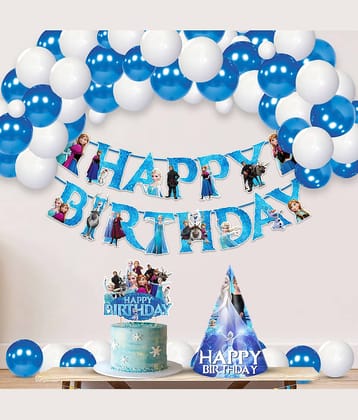 Zyozi Frozen theme Party Supplies, Frozen Birthday Party Decorations for Girls with Happy Birthday Banner Cake Topper Birthday Cap Balloons(Pack of 28)