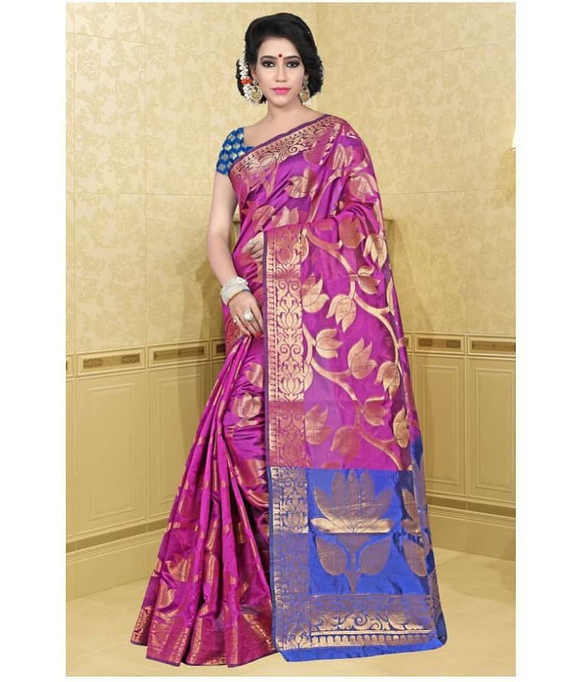Gazal Fashions Banarasi Silk Self Design Saree With Unstitched Blouse Piece ( Pink )