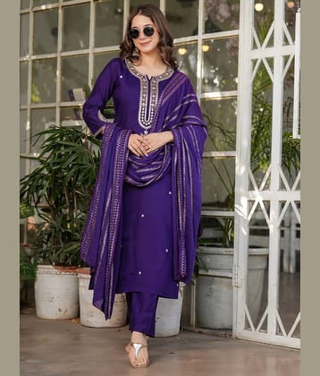 Eeloo Chanderi Embroidered Kurti With Pants Women's Stitched Salwar Suit - Purple ( Pack of 1 )