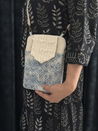 KRI India Distressed Textured 3-way Sling Bag | Sky Blue & Ivory  | Wash & Care | 100% Cotton | Handcrafted in India. 100% organic & natural.