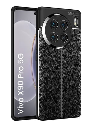 Vegan Leather Rugged Flexible TPU Series Shockproof Armor Back Cover for Vivo X90 Pro 5G, 6.78 inch, Black