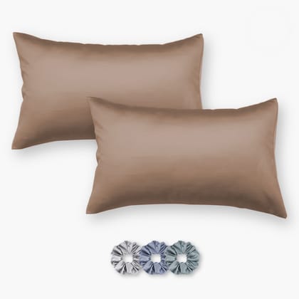 Satin Pillow Covers - Pack of 2 (With 3 free scrunchies)-Brown / 16 x 24 inch - Small