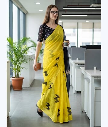 Kashvi Sarees Cotton Printed Kasavu Saree With Unstitched Blouse Piece ( YELLOW )