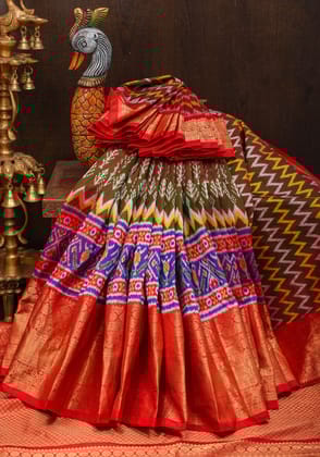 Unique Henna Green-Red dual tone  Ikkat Patola Kanjivaram Fusion Silk Saree with Panel design and zari border | SILK MARK CERTIFIED