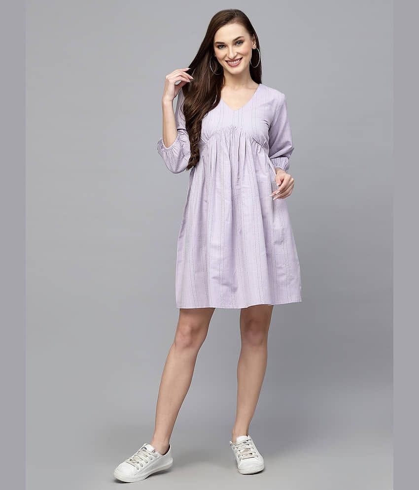 Stylum Cotton Blend Striped Above Knee Women's Fit & Flare Dress - Lavender ( Pack of 1 )