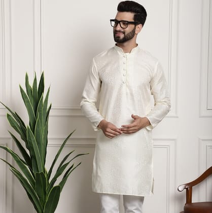 Men's Off-White Jacquard Silk Long Kurta-38