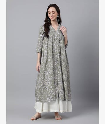 Janasya Pack of 1 Cotton Printed Flared Women's Kurti - ( Green )