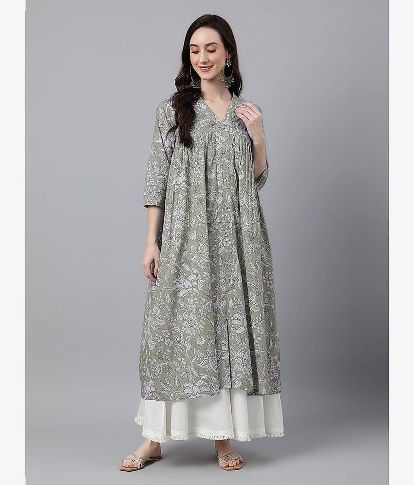 Janasya Pack of 1 Cotton Printed Flared Women's Kurti - ( Green )
