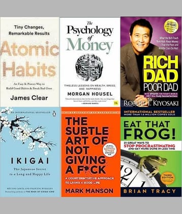 The Psychology Of Money+Ikigai+The Subtle Art Of Not Giving+Atomic Habits + Rich Dad Poor Dad + Eat That Frog!