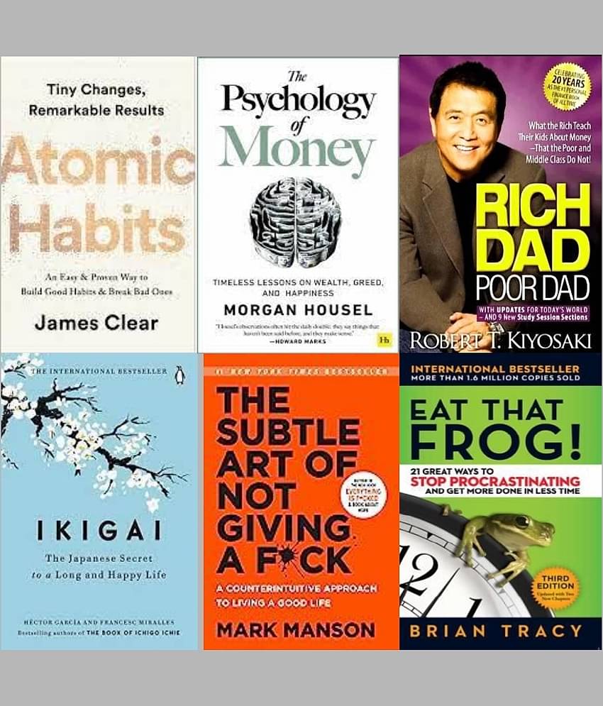 The Psychology Of Money+Ikigai+The Subtle Art Of Not Giving+Atomic Habits + Rich Dad Poor Dad + Eat That Frog!