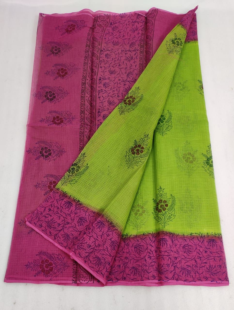 Vibrant Kota Doria Blockprinted Green & Pink Saree