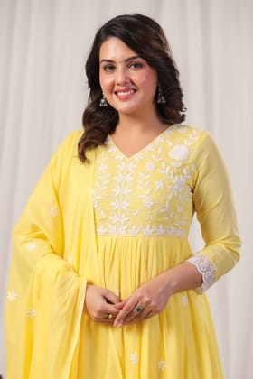 Mehtabi Sohana Buttercup Yellow Anarkali Kurta Pant and Dupatta Set-S / Yellow / Yellow