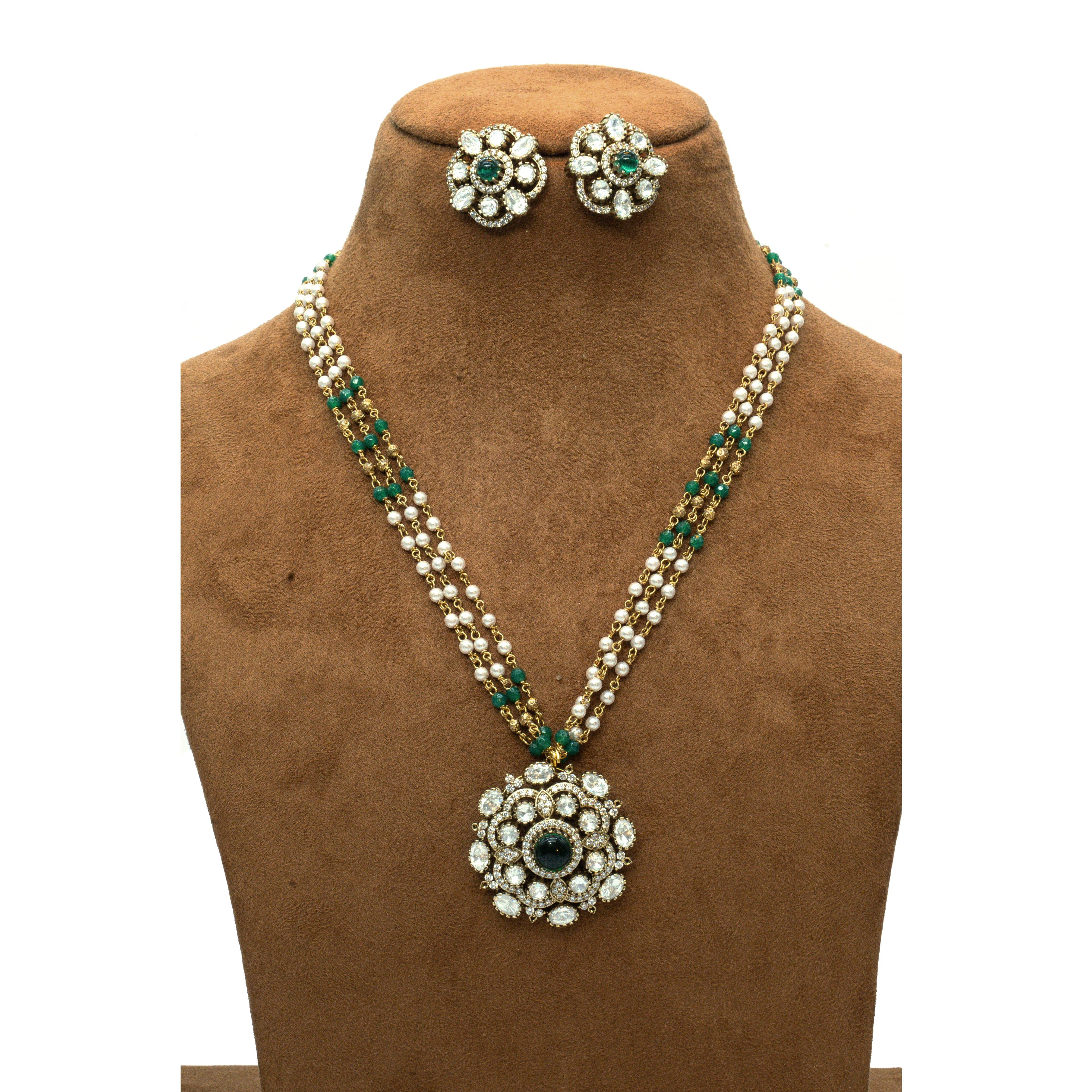 Gold-Plated Multistrand Pearl and Emerald Beaded Necklace Set with Floral Pendant