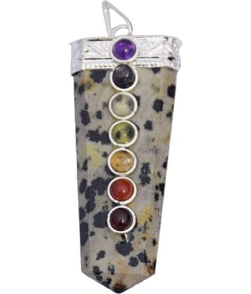 Rudradivine White Stone Dalmation Jasper Stone Flat Shape Cap Pencil Pendant with Seven Chakra for Unisex