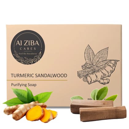 ALZIBA CARES Turmeric Sandalwood Soap (Pack of 4) with Turmeric, Sandalwood, Aloe Vera and Glycerine | For Purifying, Calming and Moisturising Skin | High TFM (Grade 1), Vegan | For all Skin Types | 100G * 4 Soap Bar