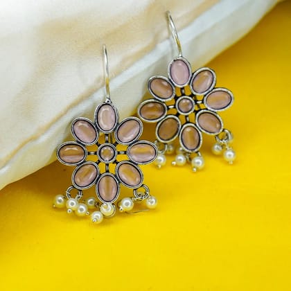 Oxidised Silver Earrings with Rose Quartz Stones and Pearl Danglers