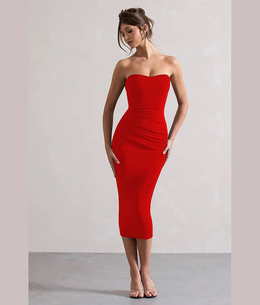 Traquila Women Lycra Solid Bodycon Dress ( Red )
