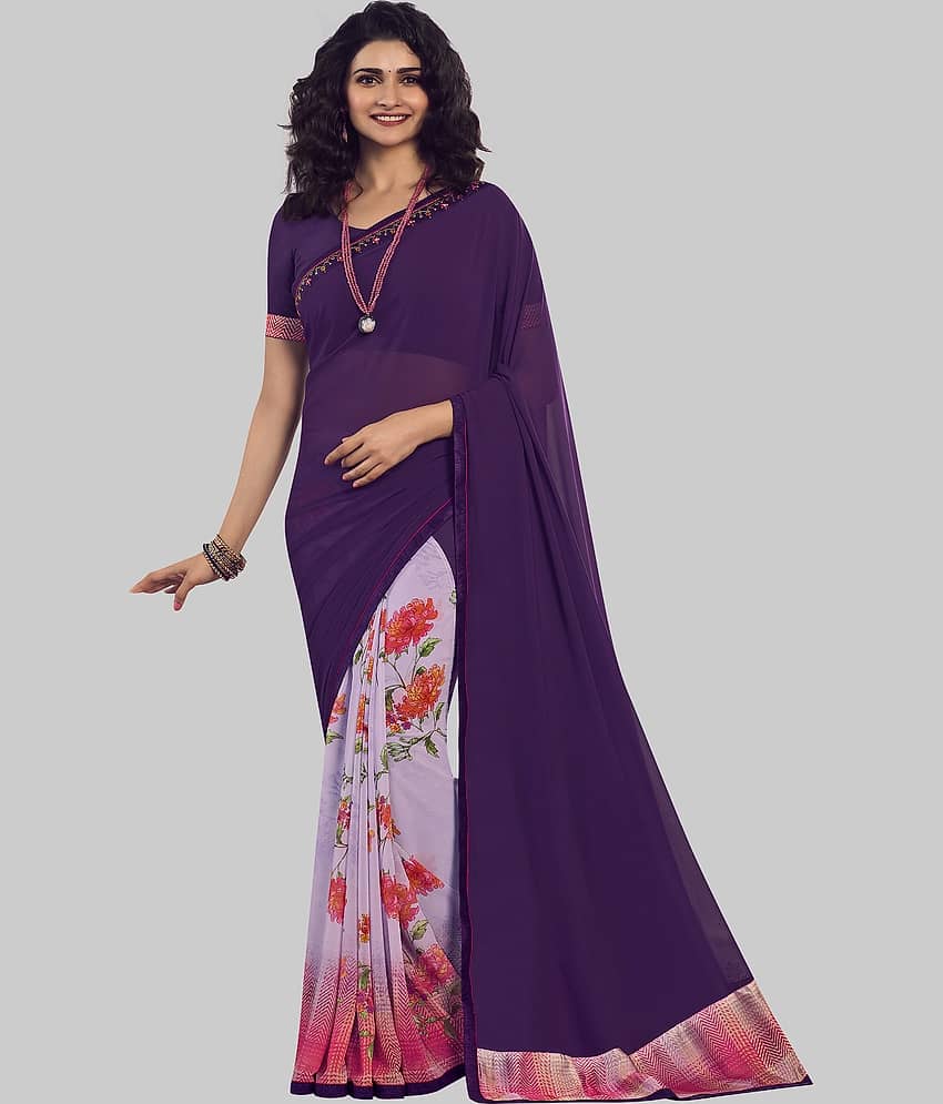 Gazal Fashions Chiffon Printed Saree With Unstitched Blouse Piece ( Purple )