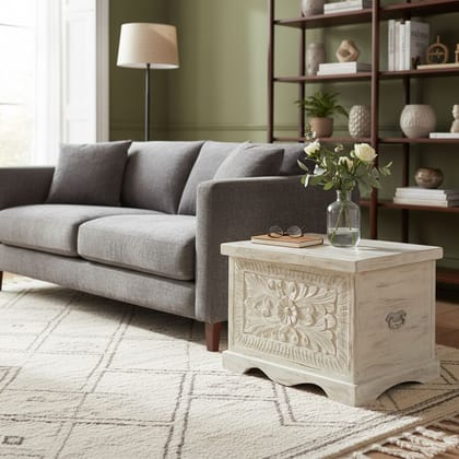 Wooden Carved Central Trunk Storage Coffee Table-Side Box