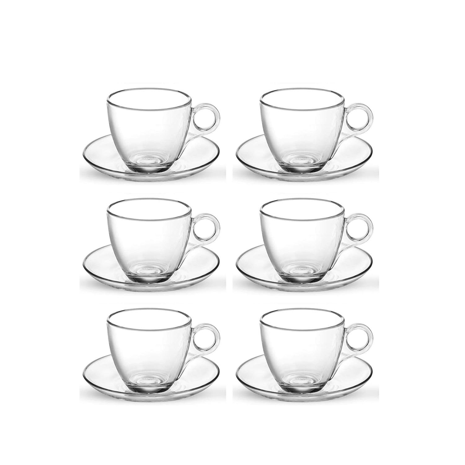 Classic Glass Tea Cup & Saucer Set | Coffee Mug with Handle | Borosilicate Glass Cup for Coffee, Milk, Green and Lemon Tea | 6 Cup and 6 Saucer |