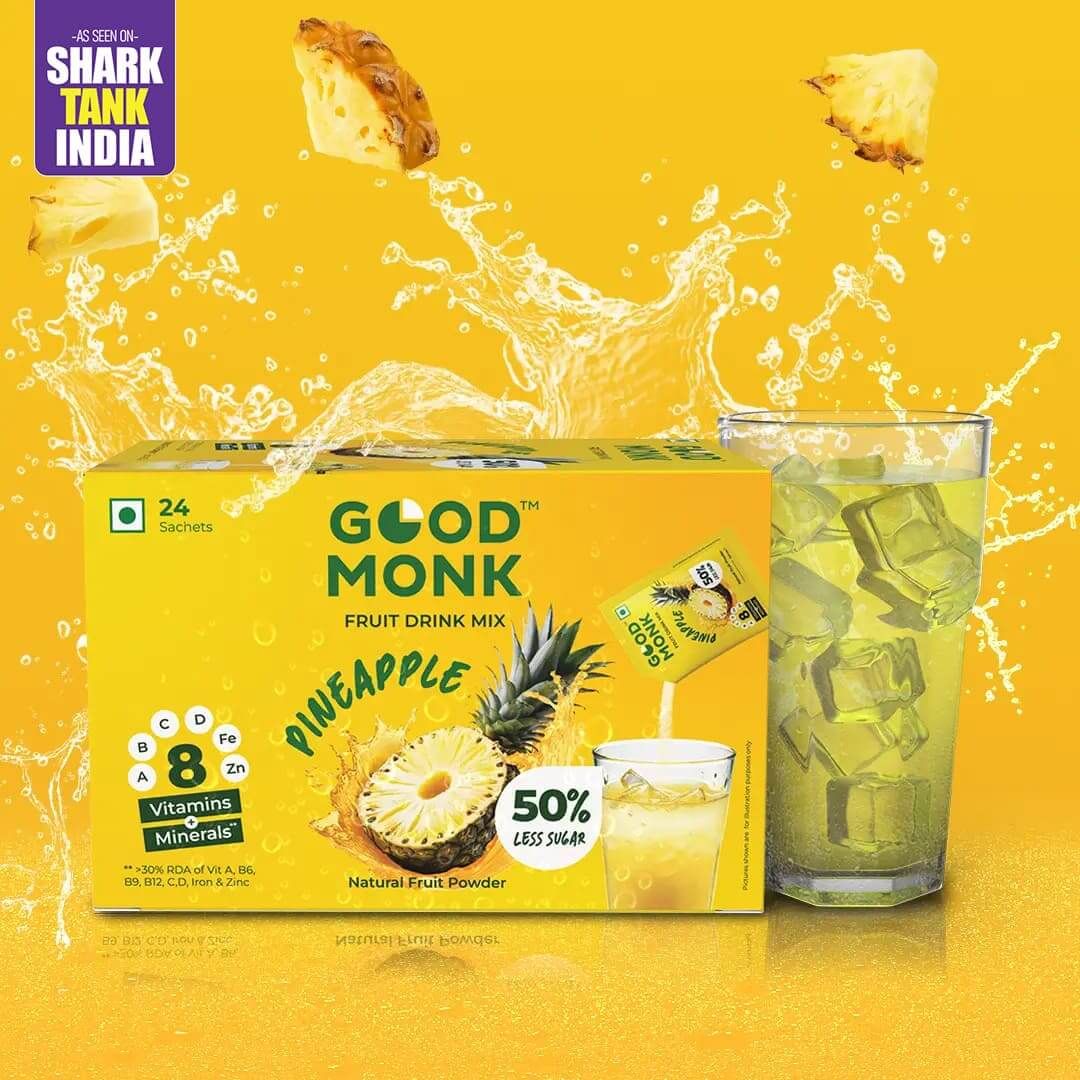Instant Fruit Drink Mix - Natural Pineapple Powder, 50% Less Sugar, With 8 Vitamins & Minerals-1 x 24 Sachets Pack