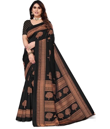 Kanooda Prints Art Silk Printed Saree With Unstitched Blouse Piece ( Black )