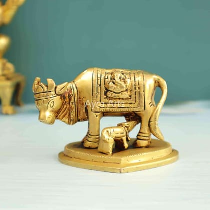Brass Holy Kamdhenu Cow With Calf Idol - 2.8 Inch Height Brass Holy Kamdhenu Cow With Calf Idol - 2.8 Inch Height