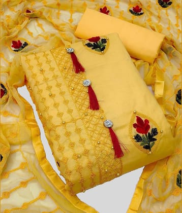Gazal Fashions Unstitched Cotton Blend Embroidered Dress Material - Yellow ( Pack of 1 )