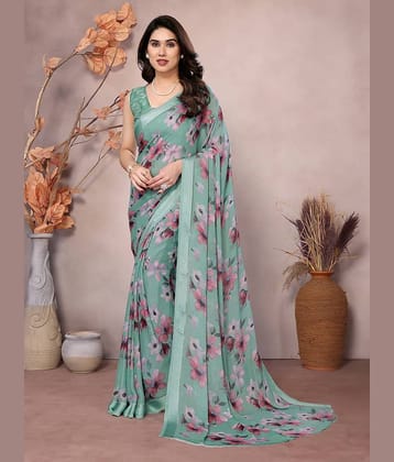 Gazal Fashions Satin Printed Saree With Unstitched Blouse Piece ( Rama )