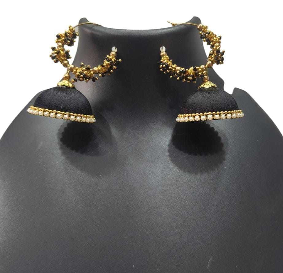 Black Silk Thread Jhumka Earrings with Pearl and Stone Detailing