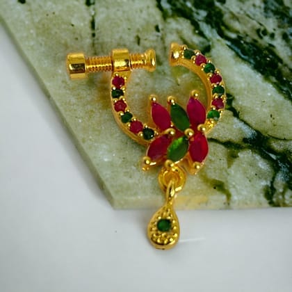 Leaf Screw Nose Pin-Red-Green / Gold Plated / Free Size