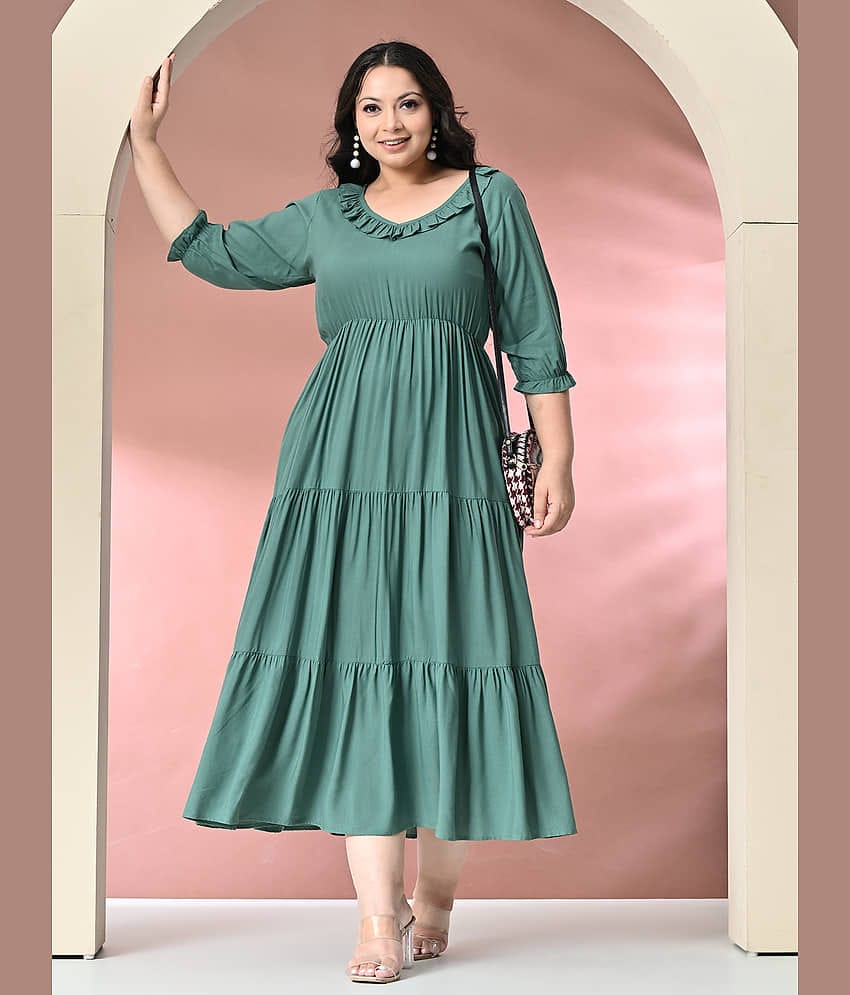PrettyPlus by Desinoor.com Women Rayon Solid Fit & Flare Dress ( Sea Green )