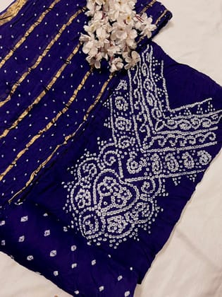Cotton Kusum Neck work Bandhani Dress Material-Blue