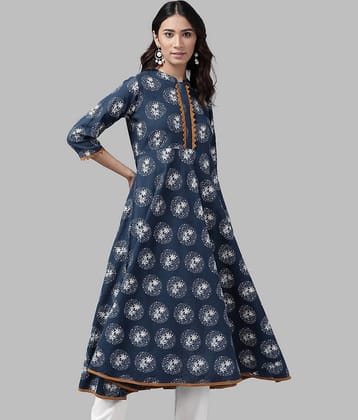 Yash Gallery - Blue Cotton Blend Women's Flared Kurti ( Pack of 1 )