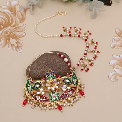 Maroon & Green Color Nose Nath (NTH352MG)-Length: 19.00 CM x Width: 1.50 CM / Green / Alloy With Good Quality Gold Plated