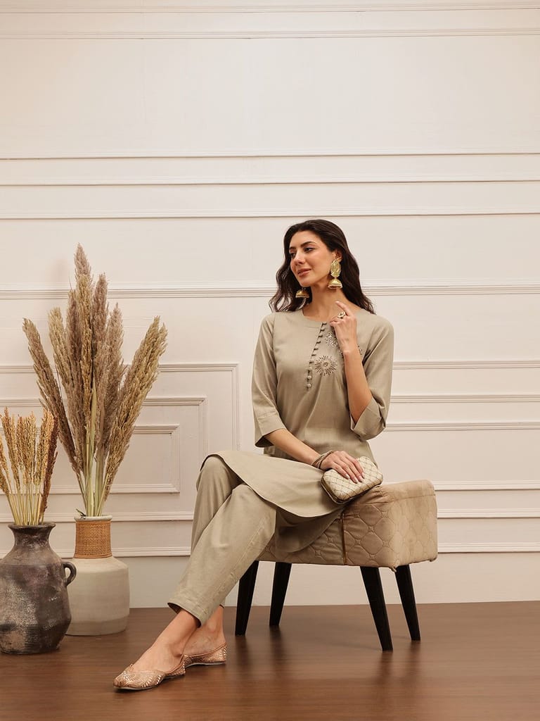 Taupe Grace Embroidered Kurta Set
