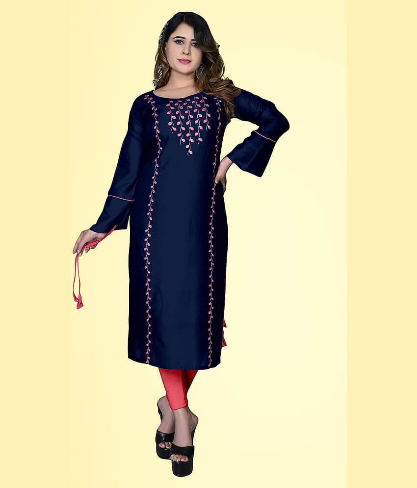 HAYA - Navy Rayon Women's Straight Kurti ( Pack of 1 )