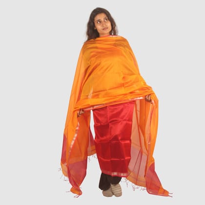 Bright Orange Maheshwari Silk Cotton Dress Material with Crimson Red Bottom and Silver Zari Border