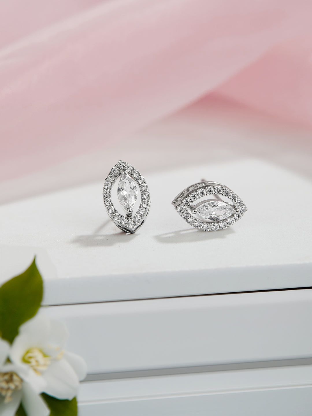 925 Sterling Silver Cubic Zirconia  Oval Marquis Studds Earrings