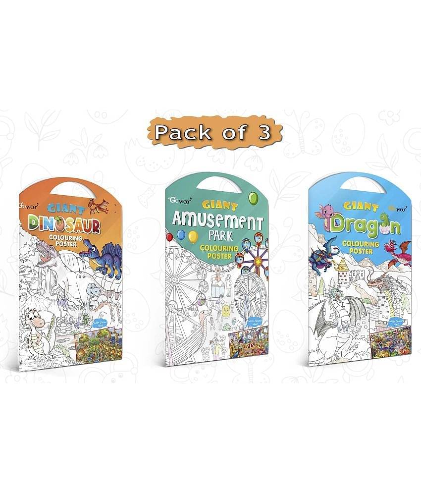 GIANT DINOSAUR COLOURING POSTER, GIANT AMUSEMENT PARK COLOURING POSTER and GIANT DRAGON COLOURING POSTER | Pack of 3 Posters I best for school posters