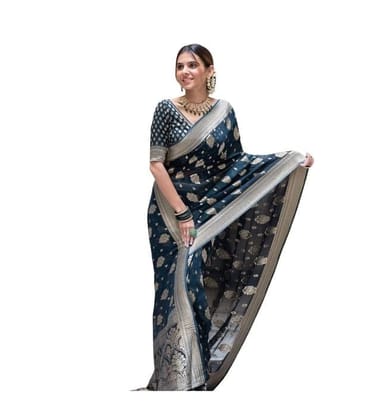 Women's Soft Lichi Silk Printed Saree With Unstitched Blouse 5.5Mtr (Blue)-PID63648