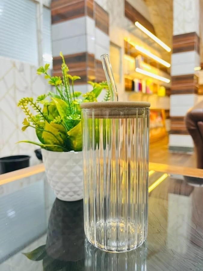 Cola Can Tumbler Glass Ribbed Borosilicate Glass with Wooden Lid & Straw � Reusable Cup for Coffee, Juice, Smoothies (510ml)