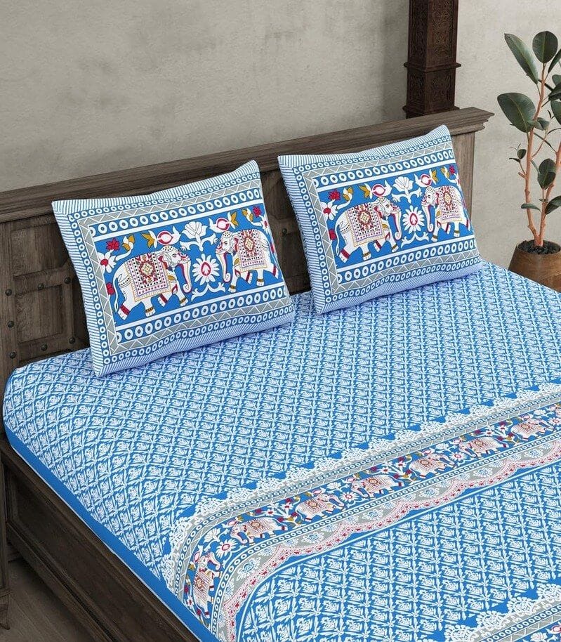Premium Cotton Elephant Parade Design Double Bedsheet with 2 Pillow Covers