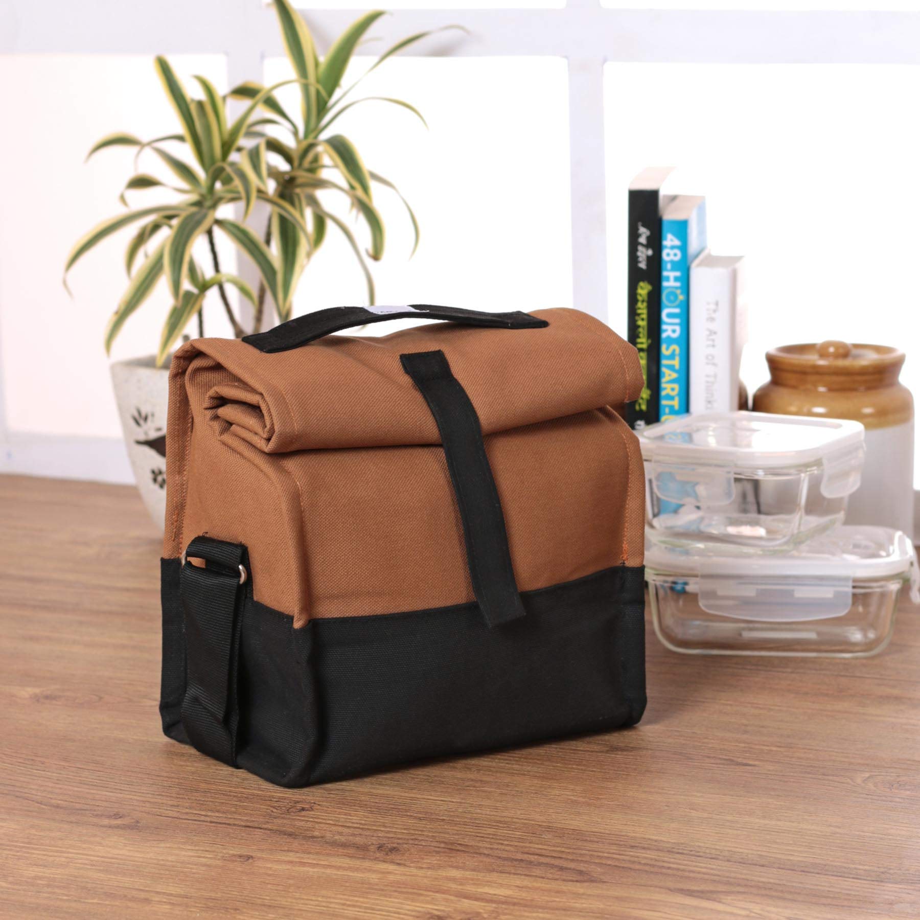 Femora Borosilicate Glass Container Camel Black Lunch Box with Container Set of 2 (Rectangle 620 + Round 380)