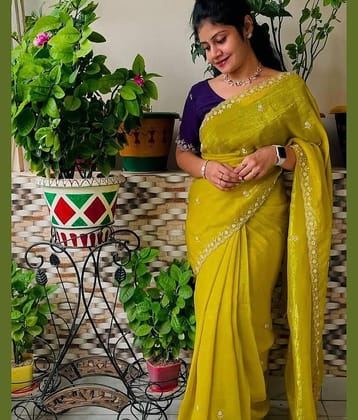 Aika Chiffon Embellished Paithani Sarees With Unstitched Blouse Piece ( Lime Green )